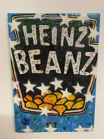Heinz Beanz Painting by Barrie J Davies 2022, Mixed media on Canvas, 20cm x 25cm, Unframed and ready to hang. Buy online with free delivery worldwide.