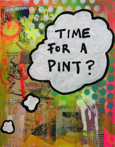 Beer time by Barrie J Davies 2019, mixed media on canvas, 21cm x 25 cm, unframed. Barrie J Davies is an Artist - Pop Art and Street art inspired Artist based in Brighton England UK - Pop Art Paintings, Street Art Prints & Editions available.