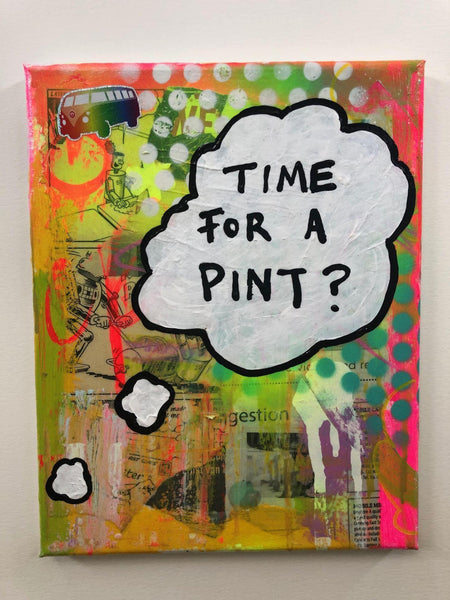 Beer time by Barrie J Davies 2019, mixed media on canvas, 21cm x 25 cm, unframed. Barrie J Davies is an Artist - Pop Art and Street art inspired Artist based in Brighton England UK - Pop Art Paintings, Street Art Prints & Editions available.