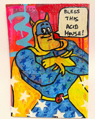 Bless this Acid House painting by Barrie J Davies 2022, Mixed media on Canvas, 21cm x 29cm, Unframed and ready to hang. Buy online with free delivery worldwide.