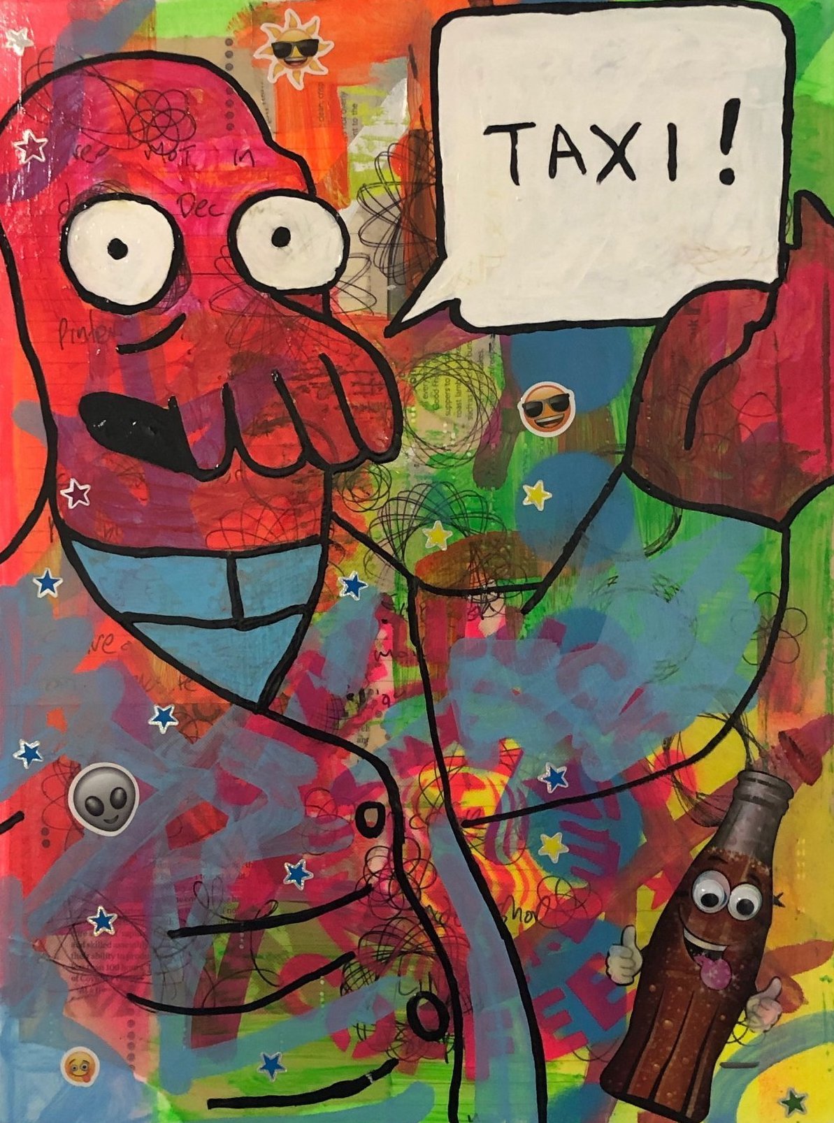 Call Me A Cab Painting by Barrie J Davies 2020, mixed media on canvas, unframed, 30cm x 40cm.