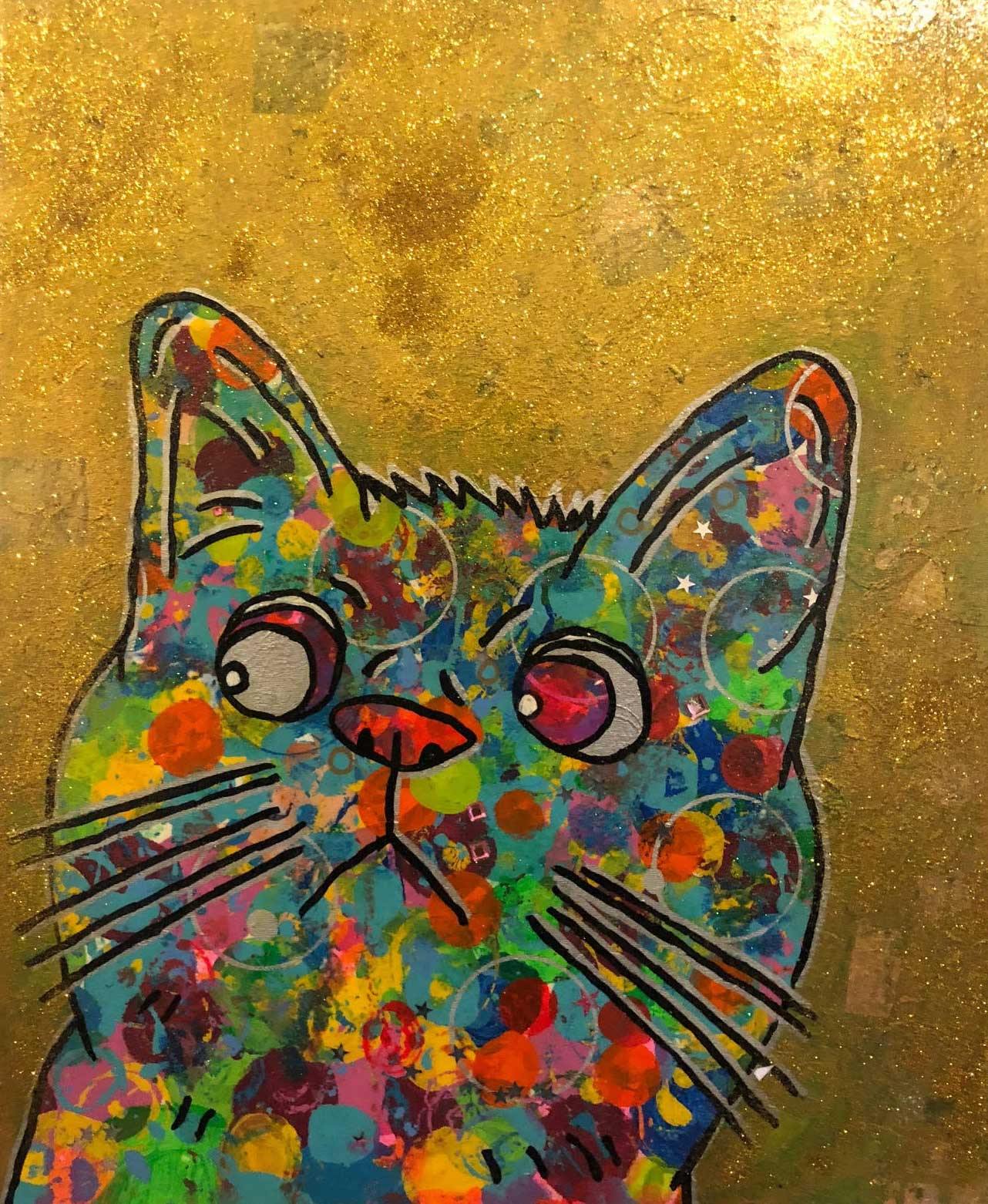 Cosmic moggy by Barrie J Davies 2018, mixed media on canvas, unframed, 50cm x 60cm. Barrie J Davies is an Artist - Pop Art and Street art inspired Artist based in Brighton England UK - Pop Art Paintings, Street Art Prints & Editions available.