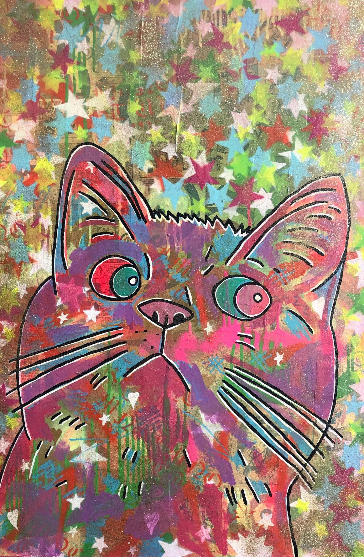 Cosmic moggy pink by Barrie J Davies 2018, Mixed media on canvas, 90cm x 90cm, Unframed. Barrie J Davies is an Artist - Pop Art and Street art inspired Artist based in Brighton England UK - Pop Art Paintings, Street Art Prints & Editions available.