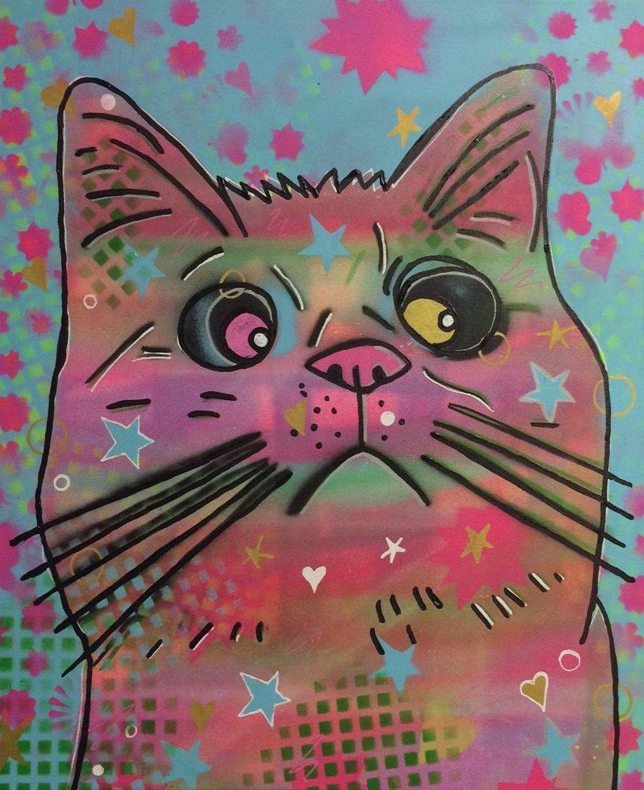 Cosmic moggy by Barrie J Davies 2015, mixed media on canvas, unframed, 50cm x 60cm. Barrie J Davies is an Artist - Pop Art and Street art inspired Artist based in Brighton England UK - Pop Art Paintings, Street Art Prints & Editions available.