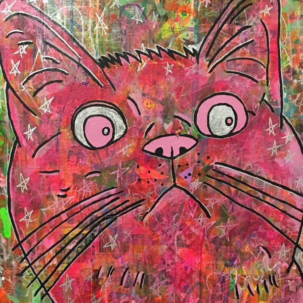 Cosmic moggy pink by Barrie J Davies 2018, Mixed media on canvas, 90cm x 90cm, Unframed. Barrie J Davies is an Artist - Pop Art and Street art inspired Artist based in Brighton England UK - Pop Art Paintings, Street Art Prints & Editions available. 
