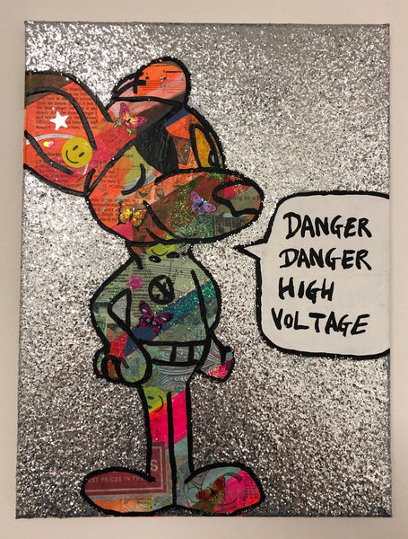 Danger danger high voltage by Barrie J Davies 2019, mixed media on canvas, unframed, 30cm x 40cm. Barrie J Davies is an Artist - Pop Art and Street art inspired Artist based in Brighton England UK - Pop Art Paintings, Street Art Prints & Editions available.