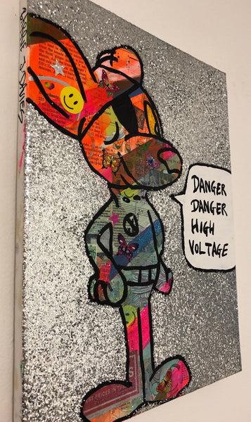 Danger danger high voltage by Barrie J Davies 2019, mixed media on canvas, unframed, 30cm x 40cm. Barrie J Davies is an Artist - Pop Art and Street art inspired Artist based in Brighton England UK - Pop Art Paintings, Street Art Prints & Editions available.