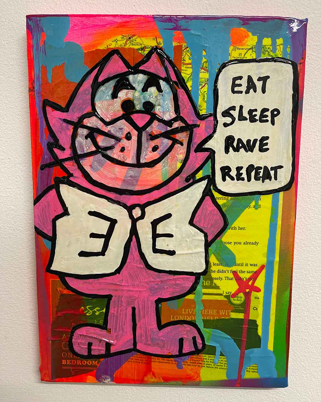 Eat Sleep Rave Repeat Painting by Barrie J Davies 2022, Mixed media on Canvas, 21cm x 29cm, Unframed and ready to hang. Buy online with free delivery worldwide.