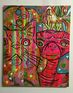 Fast particles go to yoga by Barrie J Davies 2015, Mixed media on canvas, 50cm x 60cm, Unframed. Barrie J Davies is an Artist - Pop Art and Street art inspired Artist based in Brighton England UK - Pop Art Paintings, Street Art Prints & Editions available