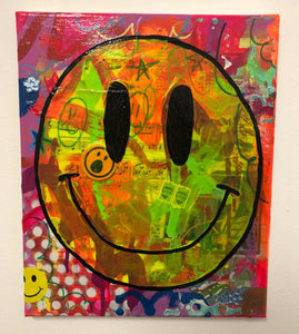 Get Happy by Barrie J Davies 2019, Mixed media on Canvas, 25cm x 30cm, Unframed. Barrie J Davies is an Artist - Pop Art and Street art inspired Artist based in Brighton England UK - Pop Art Paintings, Street Art Prints & Editions available.