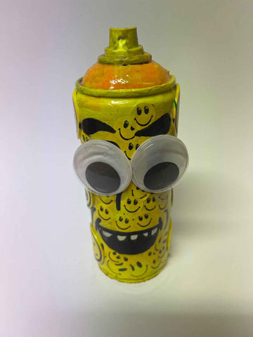 Happy Smiley Spray Can Sculpture. This is a unique, hand made one off original. It is a mixed media original directly onto a recycled depressurised spray can. 