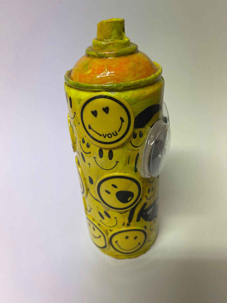 Happy Smiley Spray Can Sculpture. This is a unique, hand made one off original. It is a mixed media original directly onto a recycled depressurised spray can. 