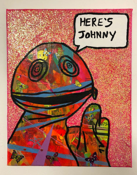 Here’s Johnny by Barrie J Davies 2019, mixed media on canvas, unframed, 35cm x 28cm. Barrie J Davies is an Artist - Pop Art and Street art inspired Artist based in Brighton England UK - Pop Art Paintings, Street Art Prints & Editions available. 