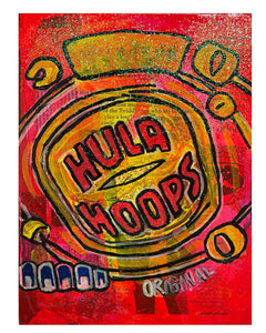 Hula Hoops Painting by Barrie J Davies 2022, Mixed media on Canvas, 21cm x 29cm, Unframed and ready to hang.