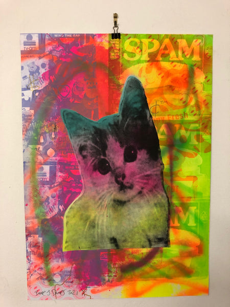 Kitschy Cat Print by Barrie J Davies 2021 - unframed Silkscreen print on paper (hand finished) edition of 1/1 - A2 size 42cm x 59.4cm.