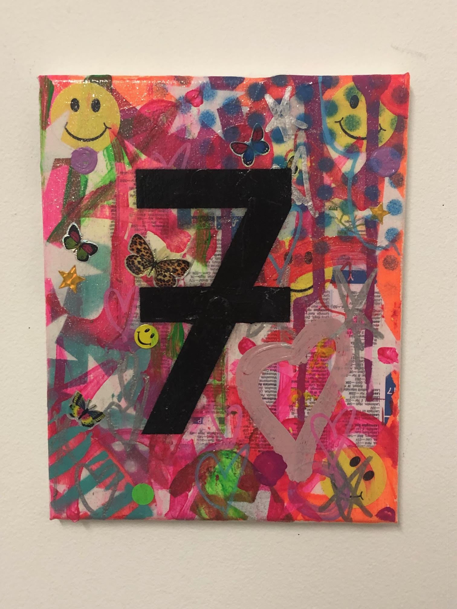 Lucky Number 7 by Barrie J Davies 2019, Mixed media on Canvas, 20cm x 25cm, Unframed. Barrie J Davies is an Artist - Urban Pop Art and Street art inspired Artist based in Brighton England UK - Pop Art Paintings, Street Art Prints & collectables.