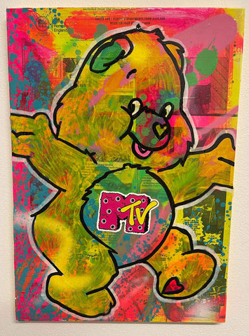 MTV Bear Painting by Barrie J Davies 2022, Mixed media on Canvas, 42cm x 30cm, Unframed and ready to hang.