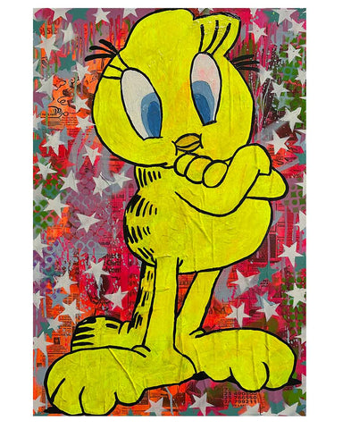 Naughty Bird Painting by Barrie J Davies 2023, Mixed media on Canvas, 50cm x 75cm, Unframed and ready to hang.