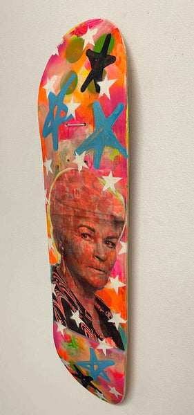 Pat Board by Barrie J Davies 2022 - Silkscreen print and paint on skateboard (hand finished) edition of 1/1 - 80cm x 20cm.  