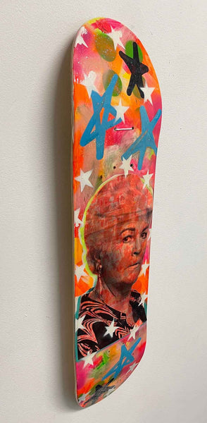 Pat Board by Barrie J Davies 2022 - Silkscreen print and paint on skateboard (hand finished) edition of 1/1 - 80cm x 20cm.  