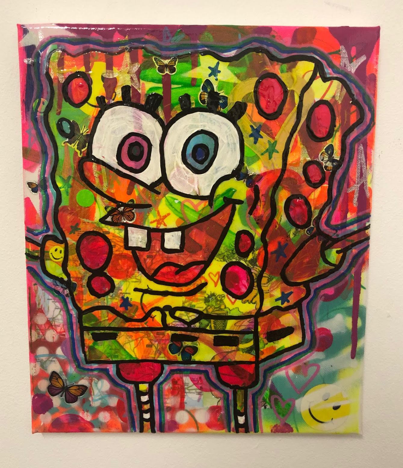 Psychedelic party bob by Barrie J Davies 2019, Mixed media on Canvas, 20cm x 25cm, Unframed. Barrie J Davies is an Artist - Pop Art and Street art inspired Artist based in Brighton England UK - Pop Art Paintings, Street Art Prints & Editions 
