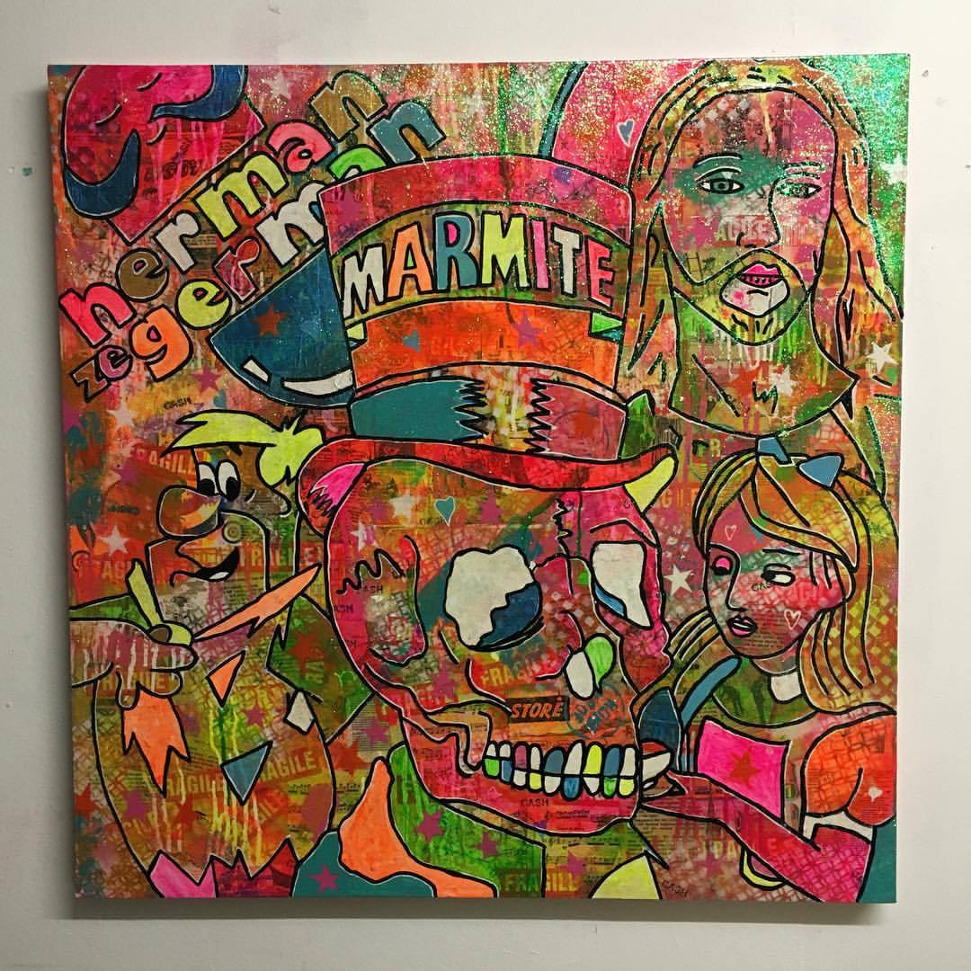 Punk to funk by Barrie J Davies 2015, Mixed media on canvas, 90cm x 90cm, unframed. Pop Art and Street art inspired Artist based in Brighton England UK. Buy art online with free delivery.