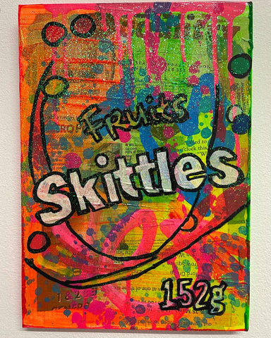 Skittles Painting by Barrie J Davies 2022, Mixed media on Canvas, 21cm x 29cm, Unframed and ready to hang.