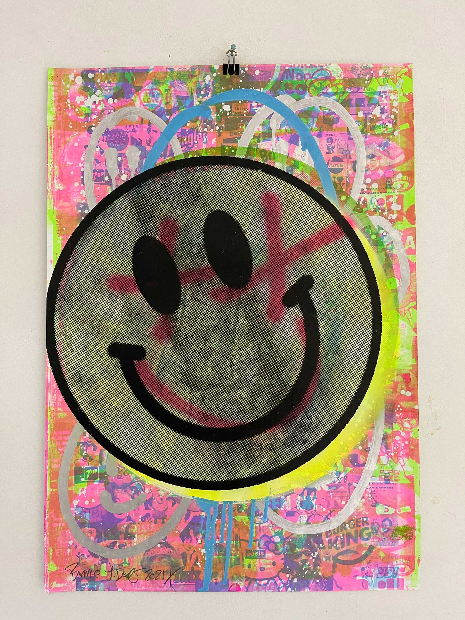 Smiley Happy Now Print, unframed Silkscreen print on paper (hand finished) edition of 1/1 - A2 size 42cm x 59.4cm. Buy online with free delivery worldwide.