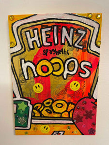 Spaghetti Hoops Painting by Barrie J Davies 2022, Mixed media on Canvas, 20cm x 25cm, Unframed and ready to hang.