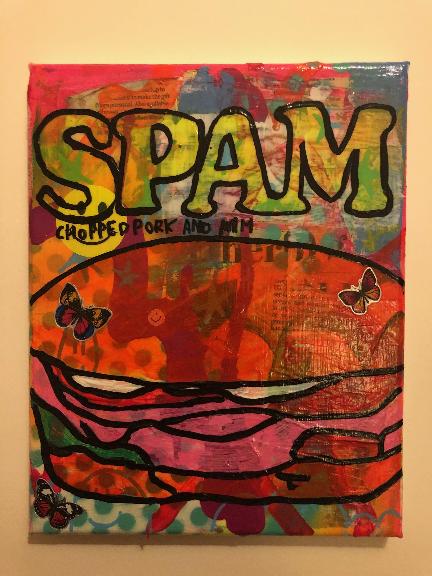 Spam a lot by Barrie J Davies 2019, Mixed media on Canvas, 20cm x 25cm, Unframed. Barrie J Davies is an Artist - Pop Art and Street art inspired Artist based in Brighton England UK - Pop Art Paintings, Street Art Prints & Editions available.