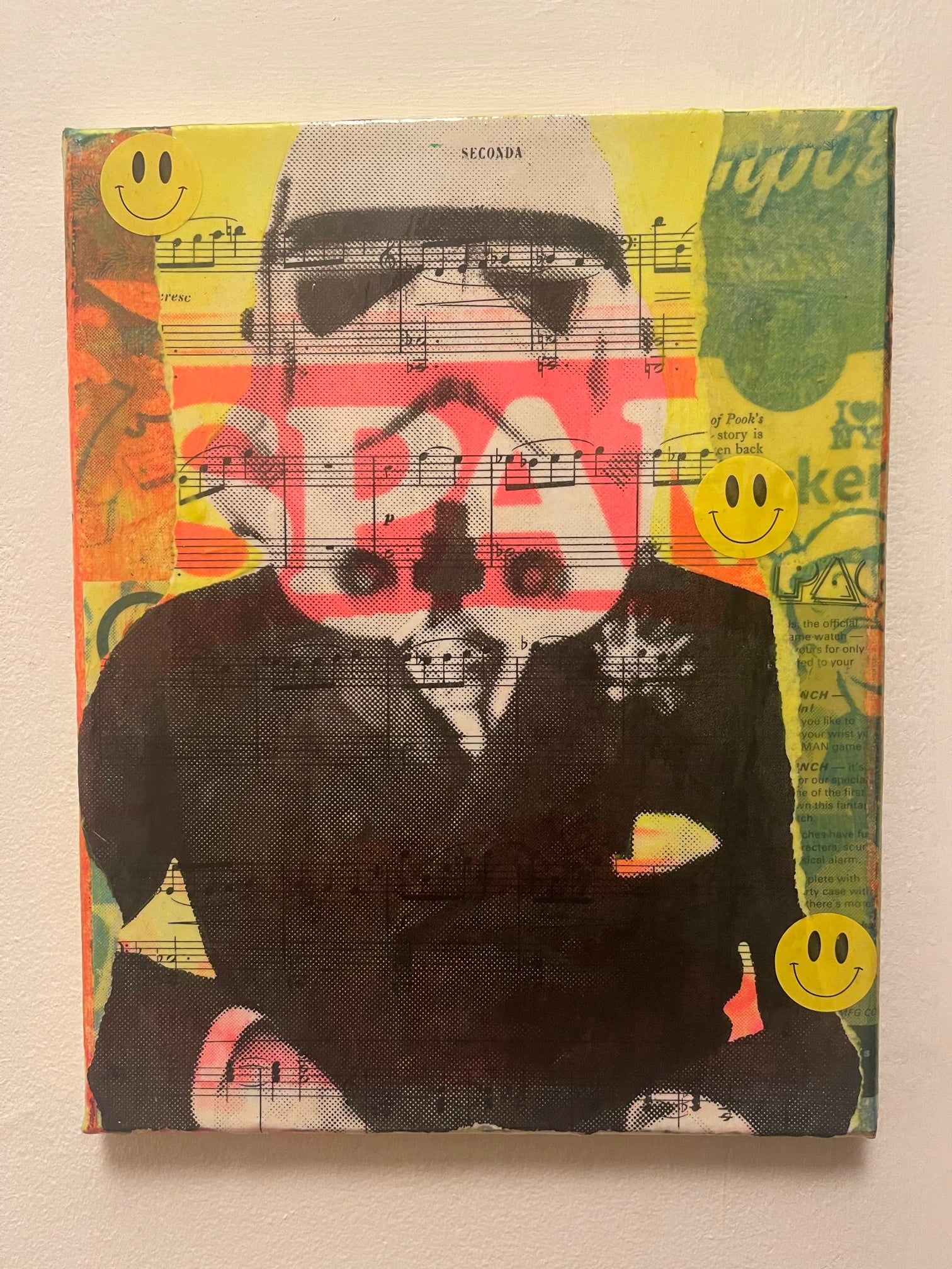Spam Trooper Painting by Barrie J Davies 2021, Mixed media on Canvas, 25cm x 30cm, Unframed.