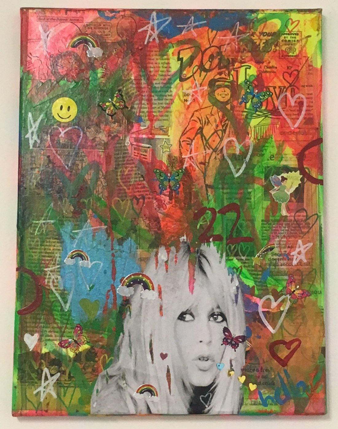 Spin the world falling star by Barrie J Davies 2018, mixed media on canvas. Pop Art and Street art inspired Artist based in Brighton England UK.