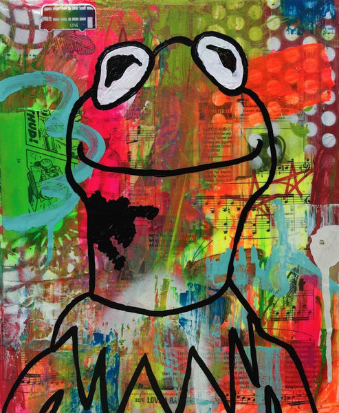 Street Frog by Barrie J Davies 2019, mixed media on canvas, 25cm x 30 cm, unframed. Barrie J Davies is an Artist - Pop Art and Street art inspired Artist based in Brighton England UK - Pop Art Paintings, Street Art Prints & Editions available.