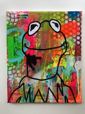 Street Frog by Barrie J Davies 2019, mixed media on canvas, 25cm x 30 cm, unframed. Barrie J Davies is an Artist - Pop Art and Street art inspired Artist based in Brighton England UK - Pop Art Paintings, Street Art Prints & Editions available. 