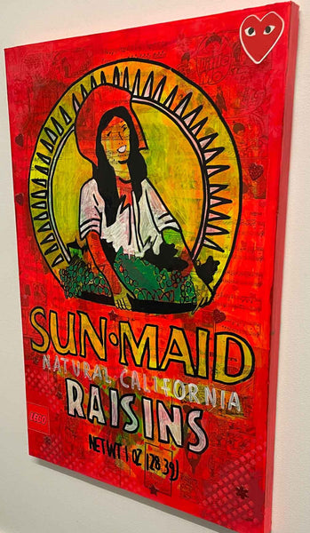 Sun Maid Raisins Painting by Barrie J Davies 2022, Mixed media on Canvas, 60cm x 90cm, Unframed and ready to hang.