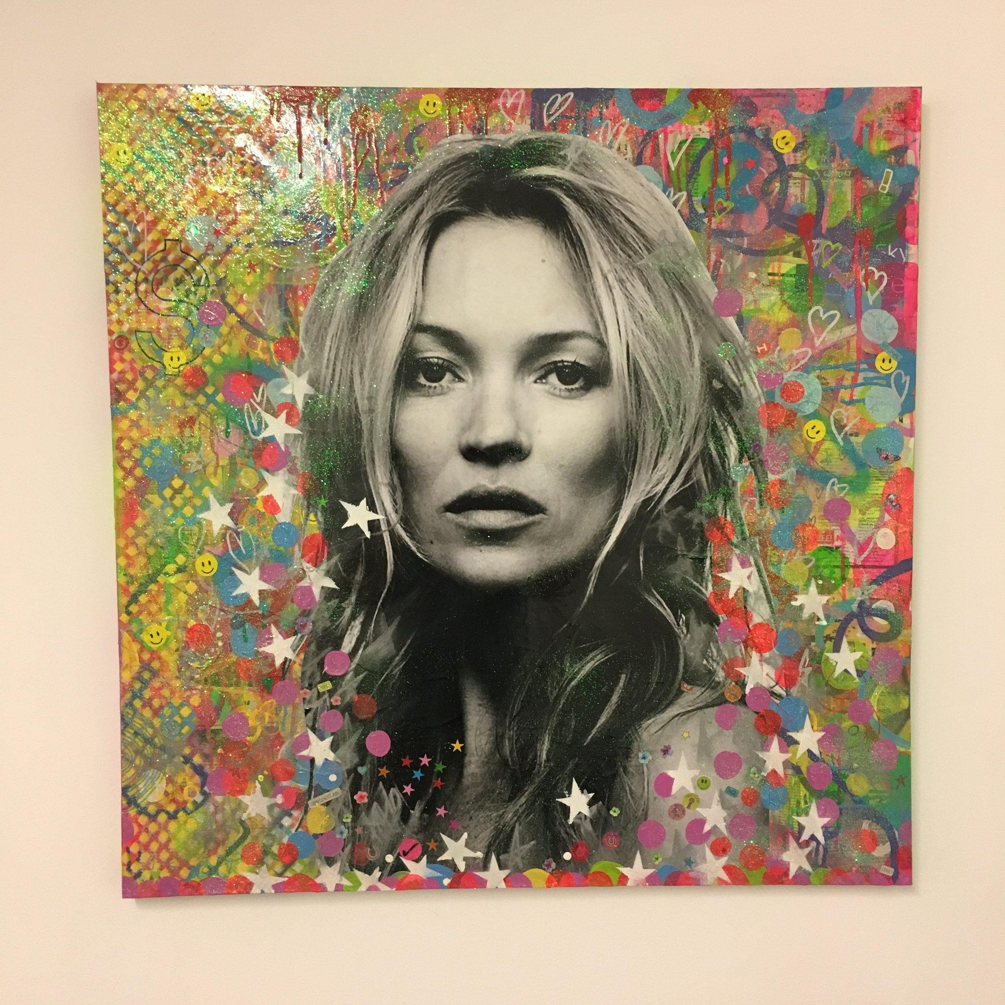 Super Kate by Barrie J Davies 2018, Mixed media on canvas, 90cm x 90cm, unframed. Barrie J Davies is an Artist - Pop Art and Street art inspired Artist based in Brighton England UK - Pop Art Paintings, Street Art Prints & Editions available. 